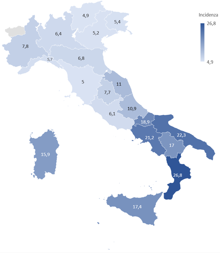 Rappresentazione grafica in forma di mappa dell'Italia con le regioni valorizzate dall'indicatore dell'Incidenza di povertà relativa nel 2023. Per i dati relativi al grafico andare alla Tabella accessibile presente sotto il titolo del grafico al link https://www.regione.toscana.it/documents/10180/12588189/Tabella+accessibile_incidenza_poverta_relativa+regioni+2023.html/da7b5a6c-316e-e8d1-93e7-6a559c1d83d4?t=1729617469342